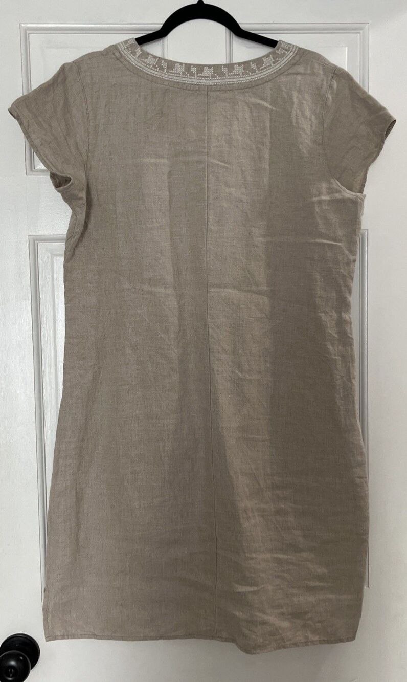 Garnet Hill Linen Embroidered Dress 10 Natural Tan Pockets Minimalist Earthy - Picture 5 of 7